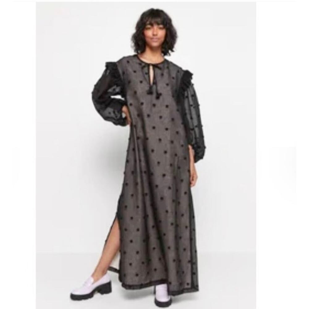 Manoush Black Tulle Polka Dot Long Sleeve Split Tie Neck Shift Maxi Dress sz 38